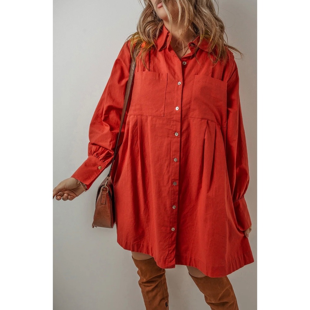 Aura Oversized Shirt Dress Large Rust Red Linen Cotton Pleated Boho Tunic